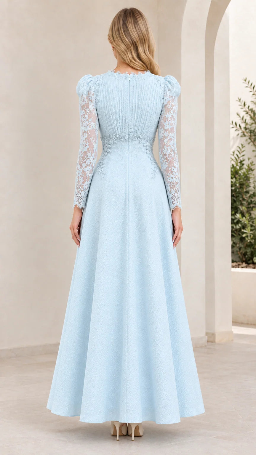 Light Blue long sleeve evening dress back view