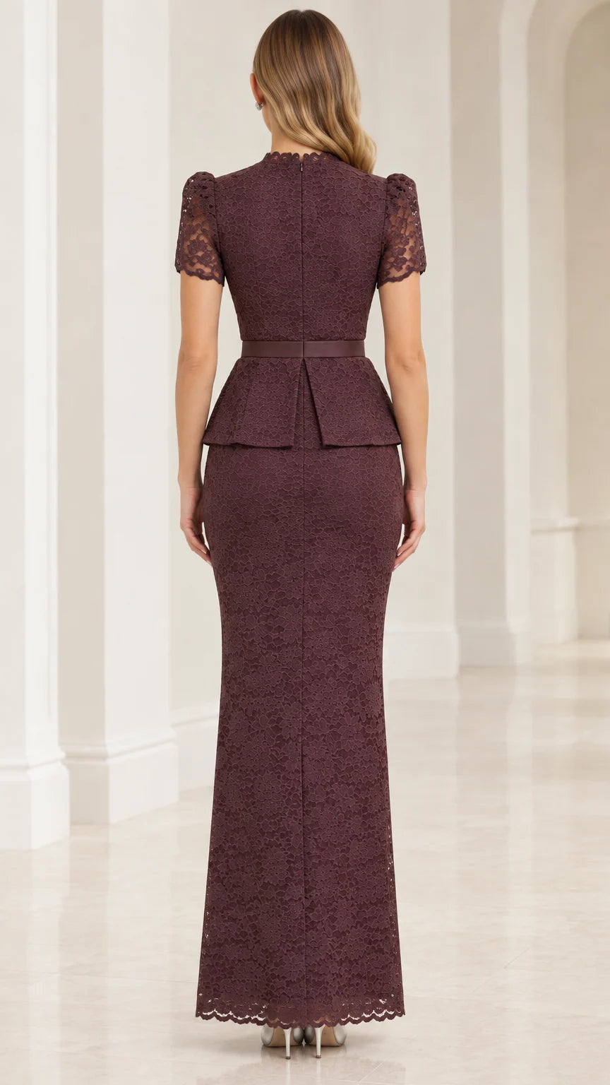 Back view of model in plum full-length lace peplum evening dress
