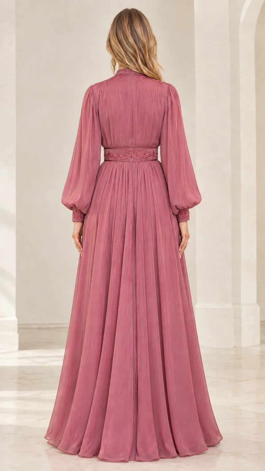 Dusty rose A-line floor-length evening gown back view