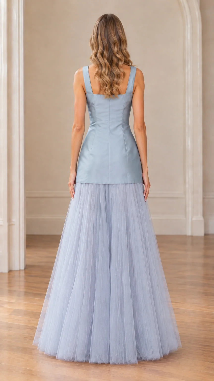 Dusty blue evening gown back view showing square back and invisible zipper