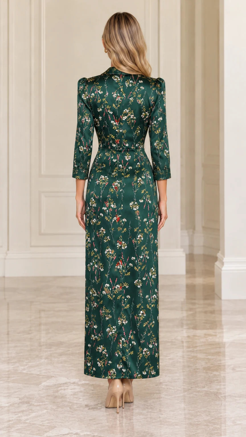 Back view of model wearing Emerald Green floral satin maxi dress