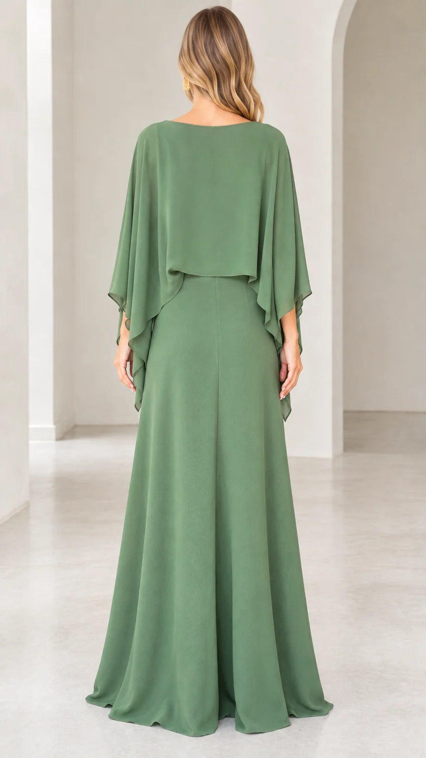 Sage green wide-leg evening jumpsuit back view with draped poncho cape