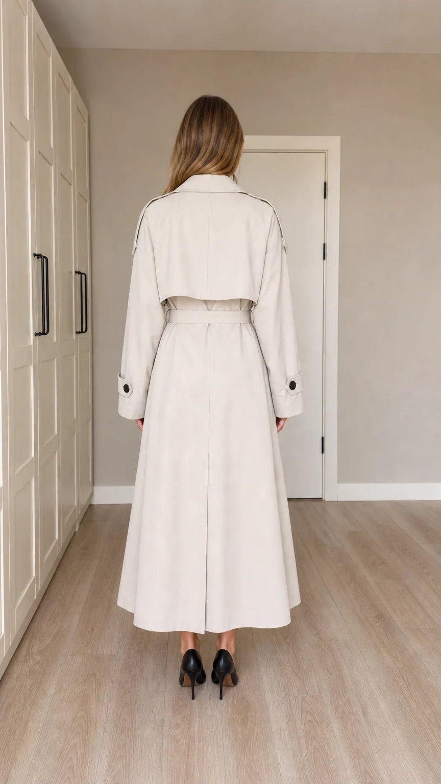 Back full-length view of woman wearing Cream double-breasted maxi trench coat showing storm flap