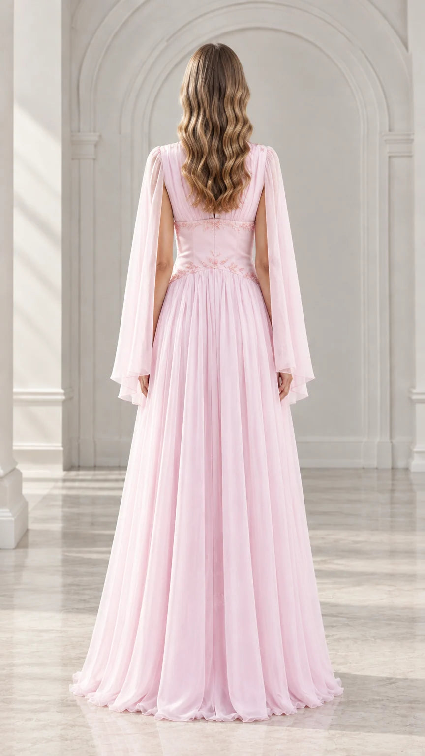 Back view of Light Pink floor-length cape evening gown