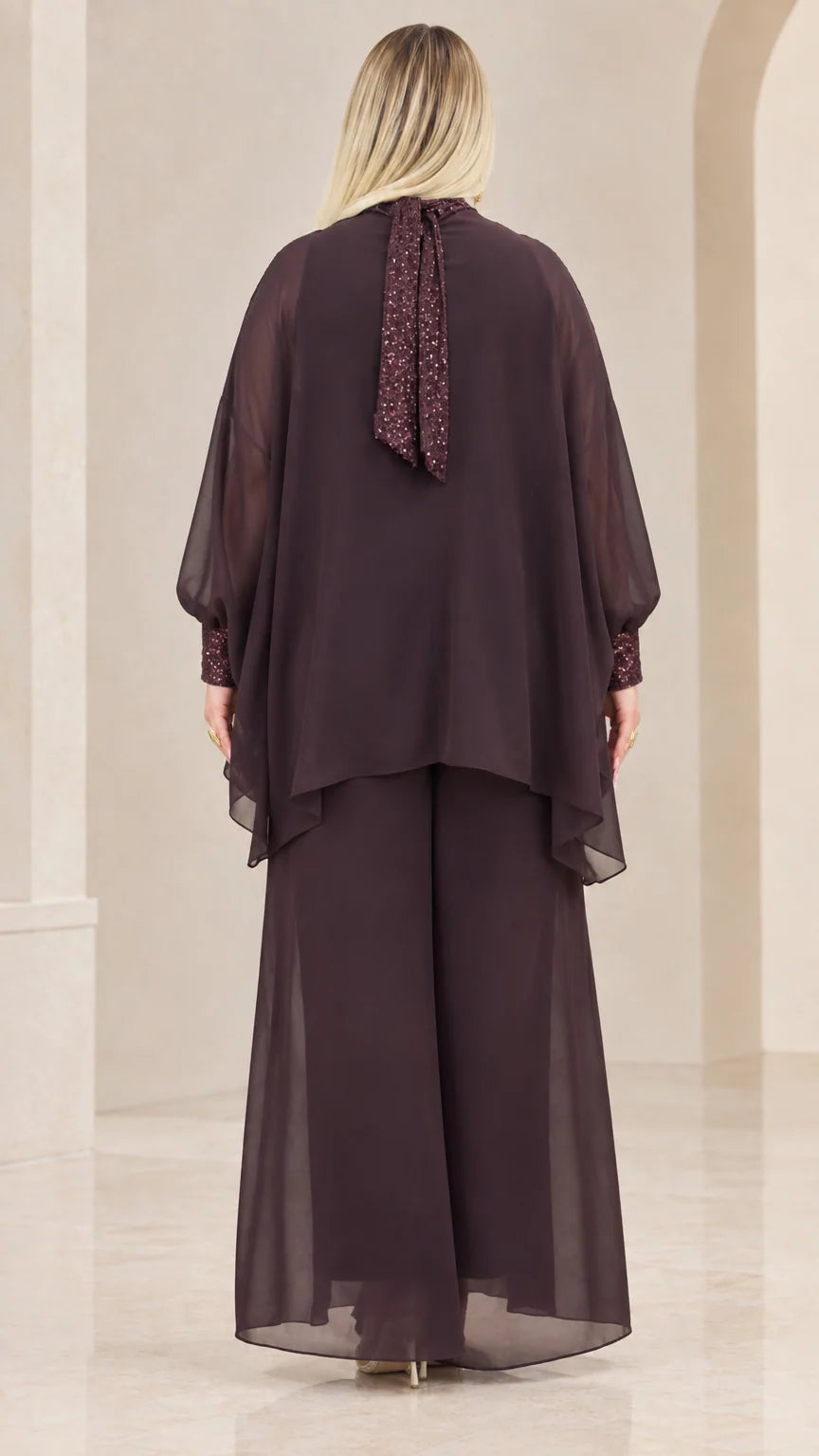 Back view of Plum chiffon formal outfit showing the back neck tie detail