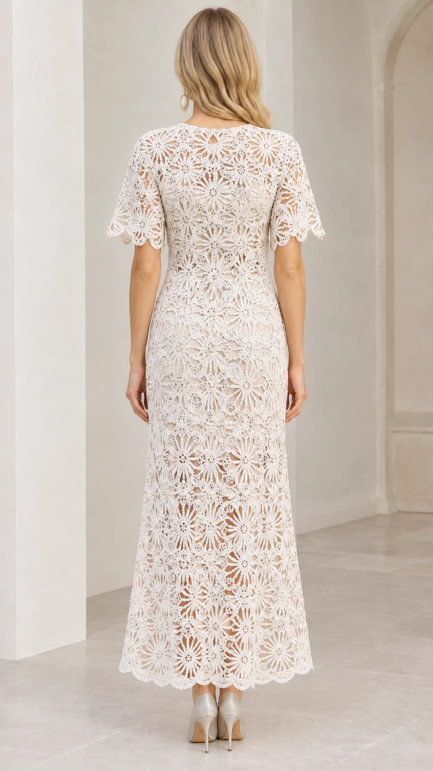 Back view of Champagne crochet lace dress featuring back keyhole and button