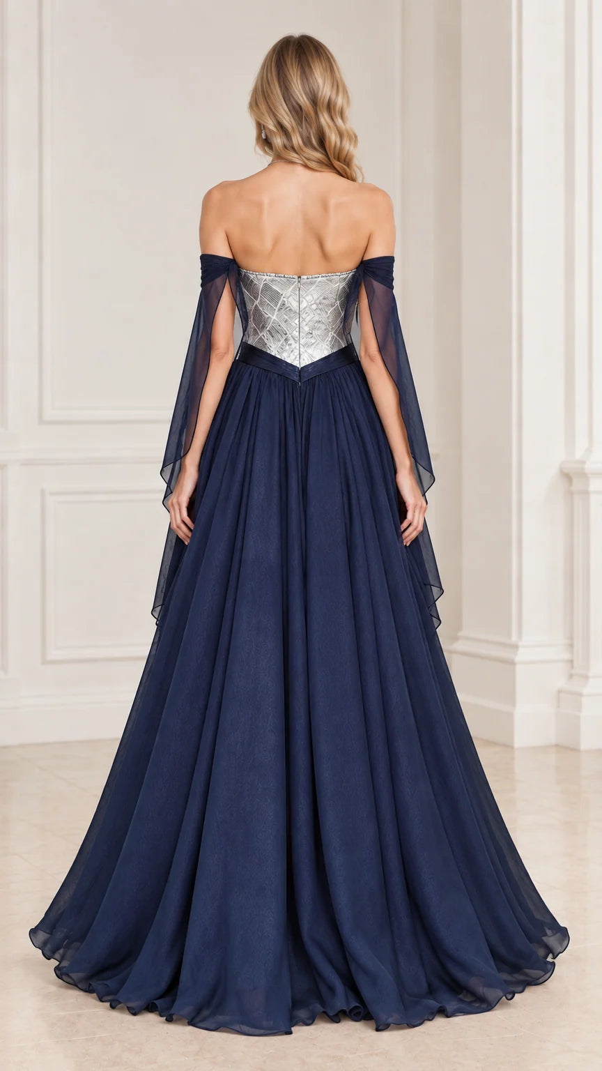 Back view of model showing the corset back and draped sleeve details on Navy Blue evening gown