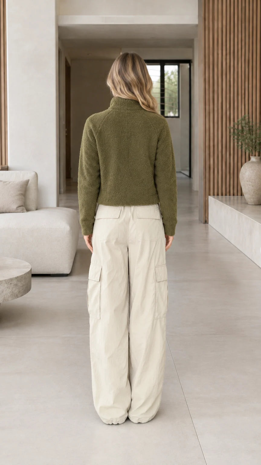 Back full-length view of olive green textured fleece stand collar jacket