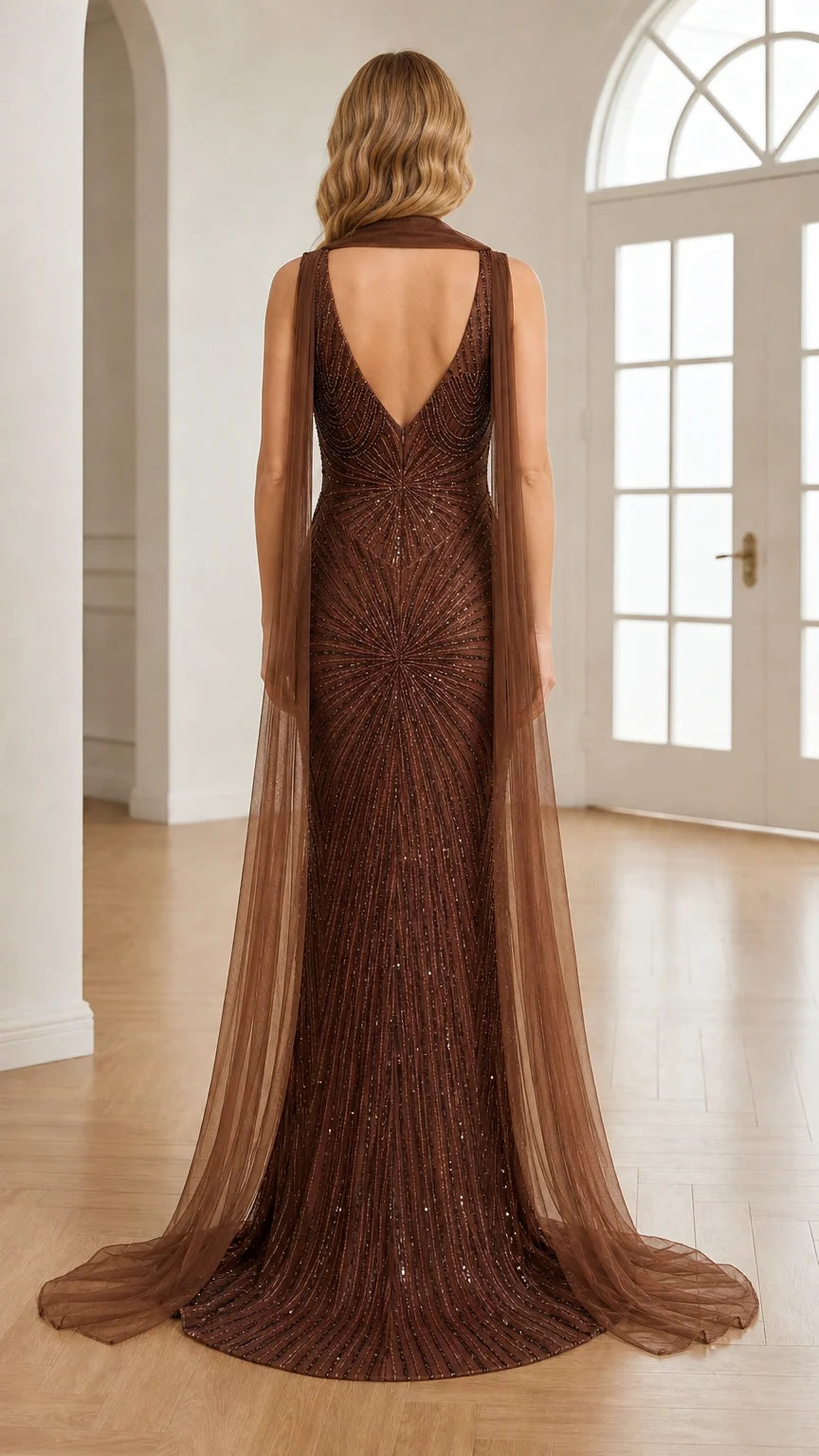 Back view of chocolate brown beaded gown showing open V-back and tulle cape