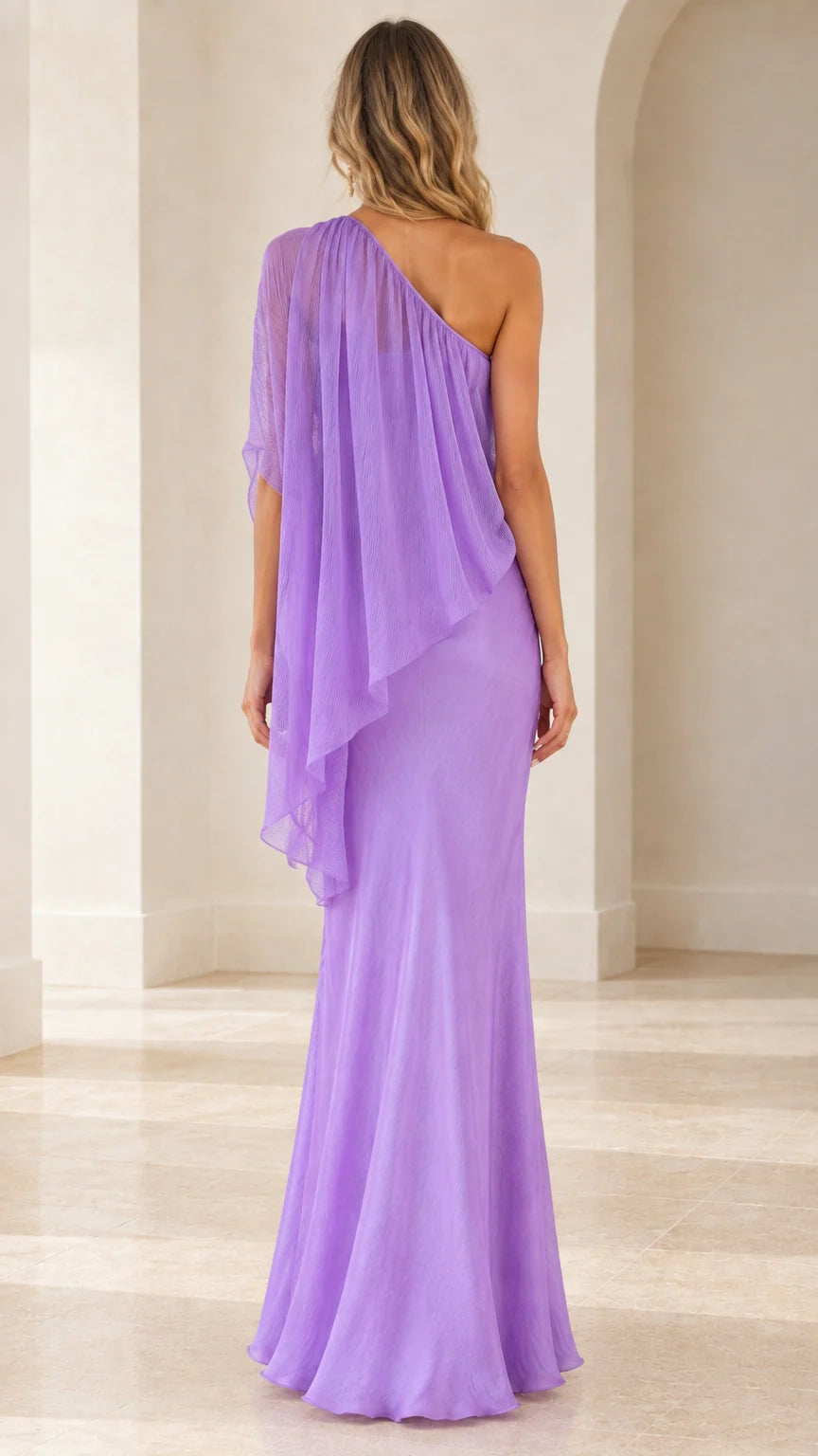 Back view of floor-length lavender one-shoulder formal dress
