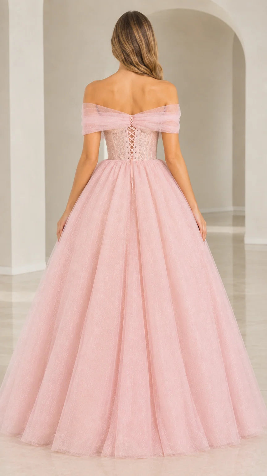 Back view of model showing lace-up corset closure on Blush Pink ball gown