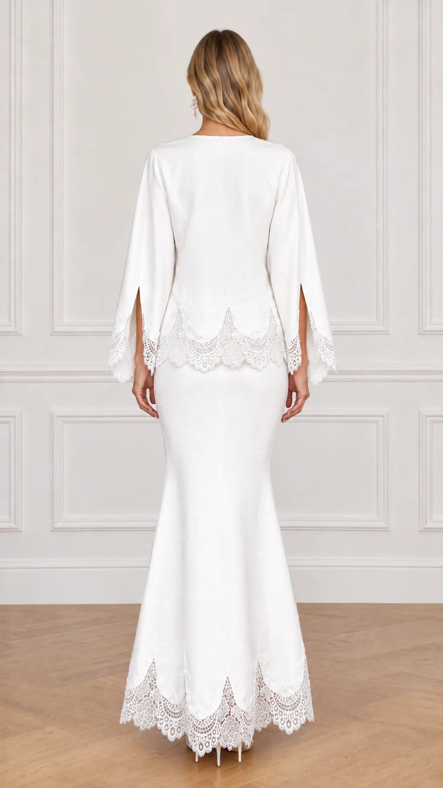 Back view of white lace trim two-piece maxi set