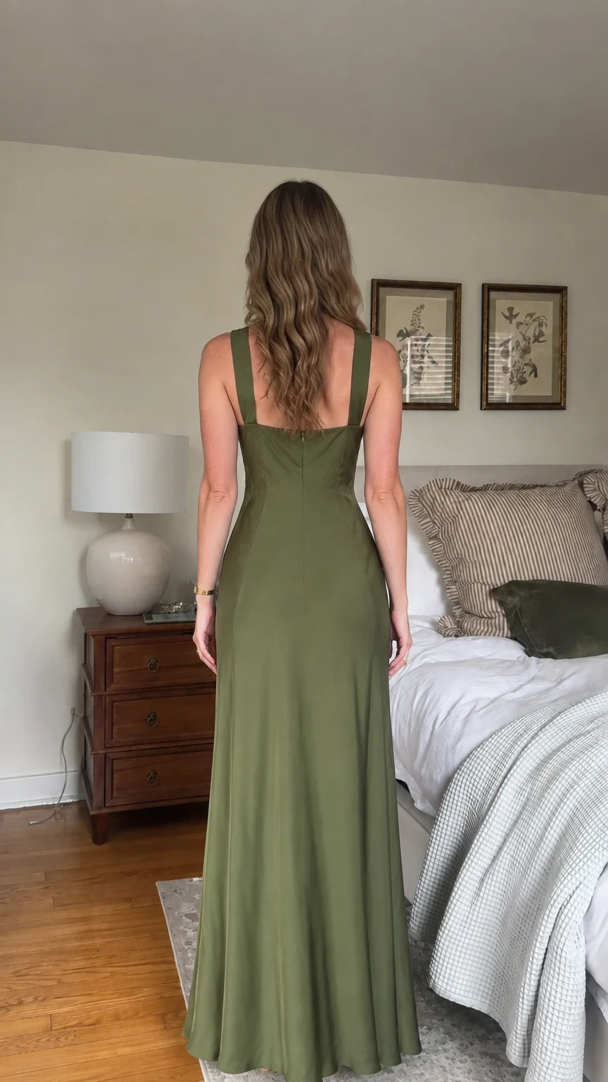 Back view of olive green satin maxi dress with wide shoulder straps