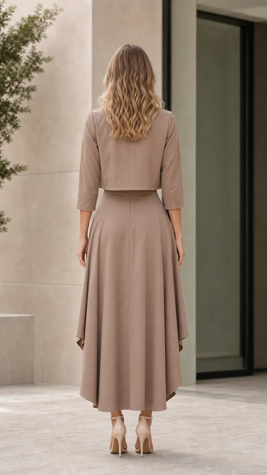 Back view of model wearing taupe two-piece cropped jacket and maxi skirt