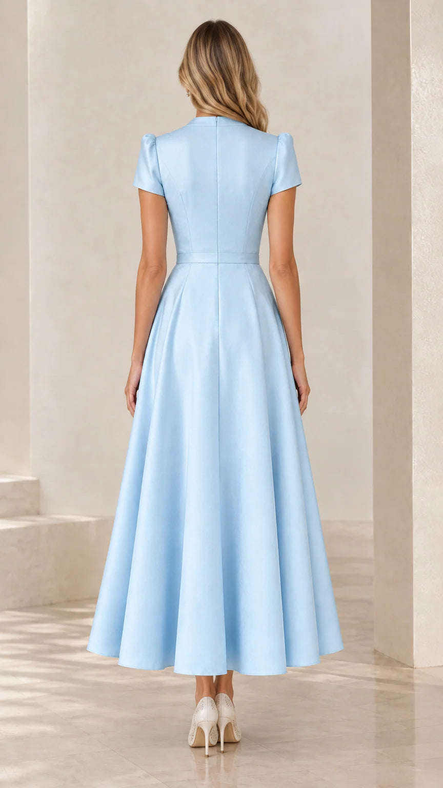 Back view of light blue A-line formal dress showing fitted bodice and flowing skirt