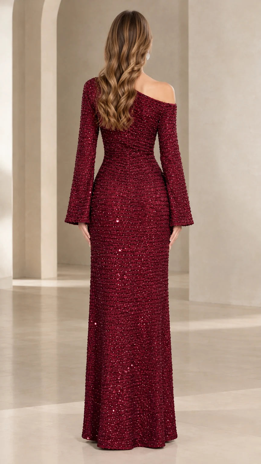 Burgundy one-shoulder sequin evening dress back view