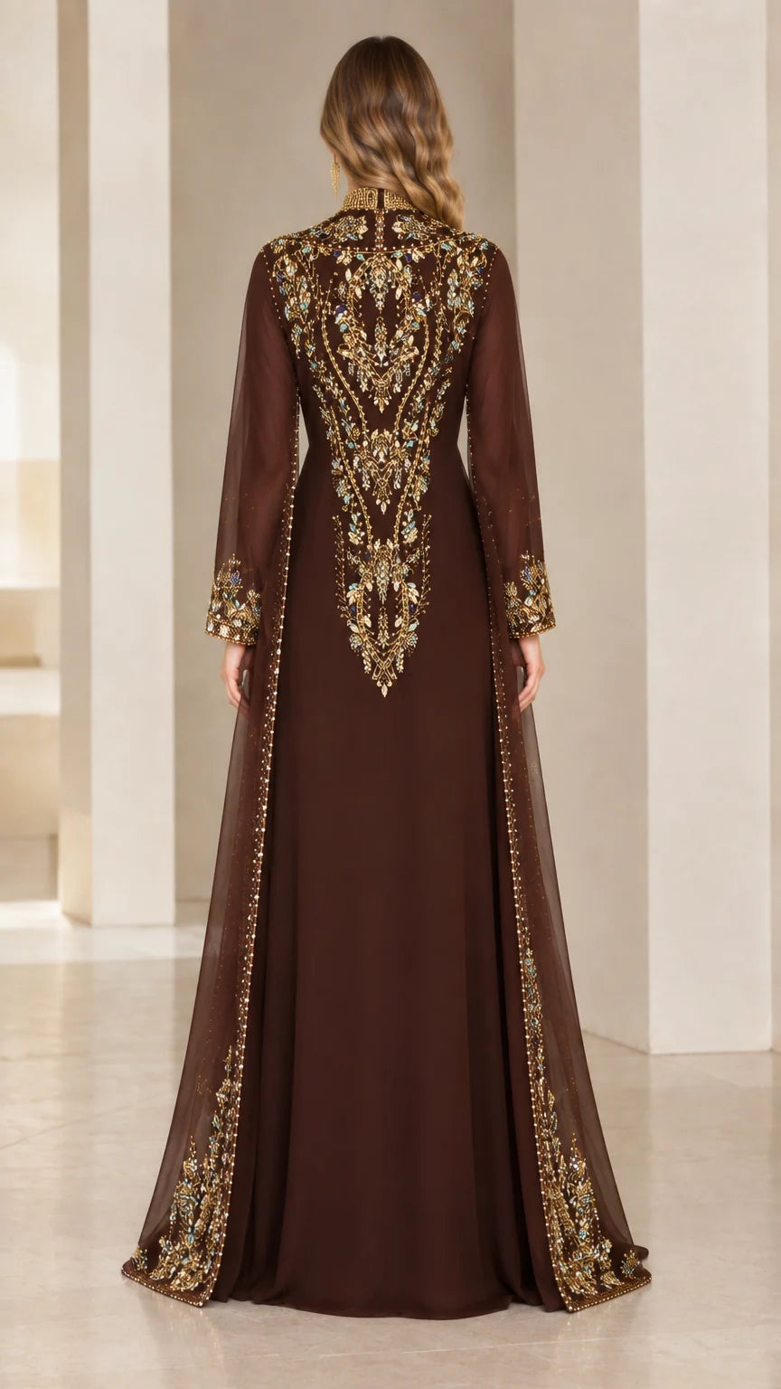 Back view of chocolate brown embroidered evening gown with ornate back beading