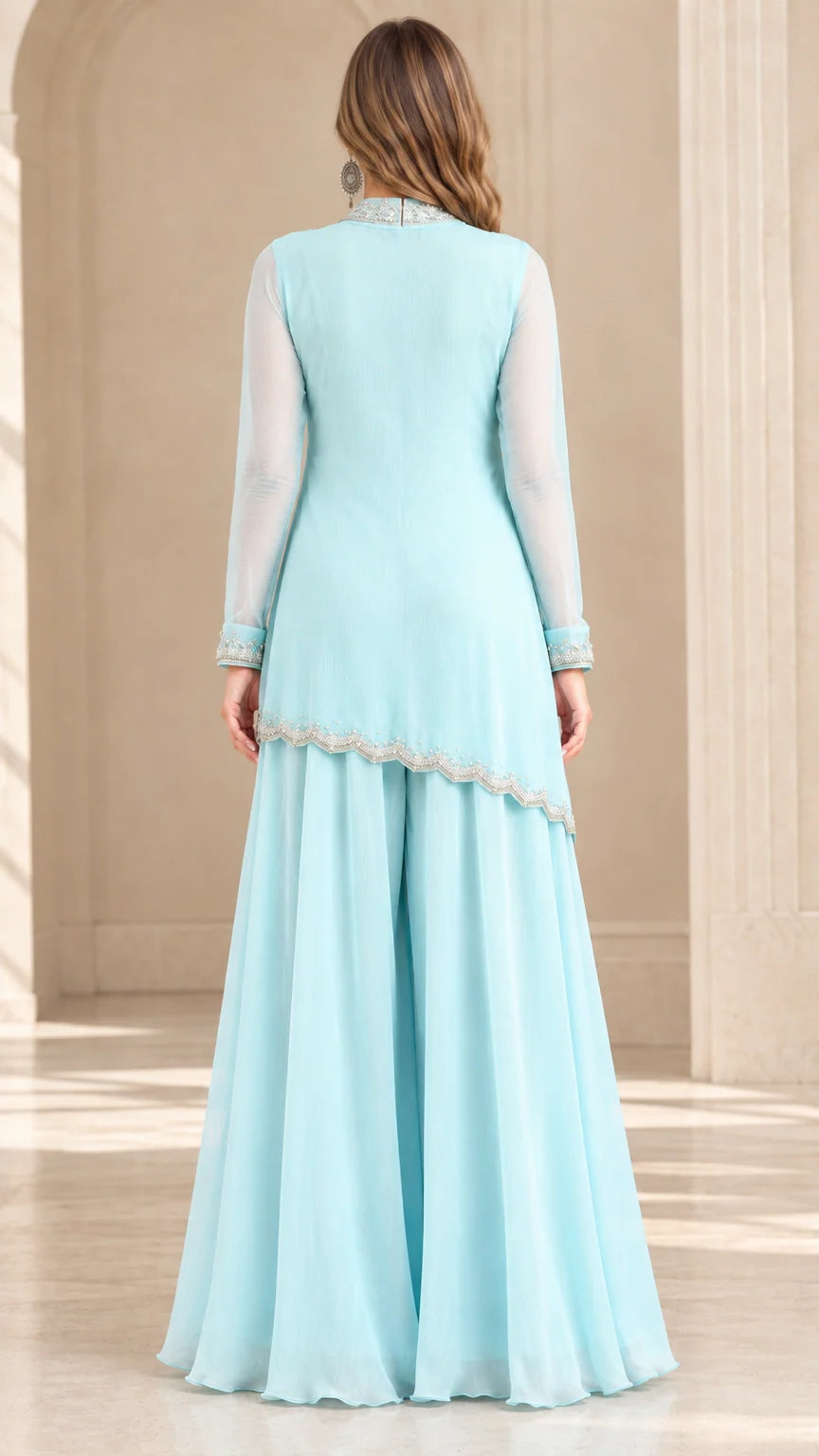 Sky Blue long sleeve formal tunic and palazzo trousers back view