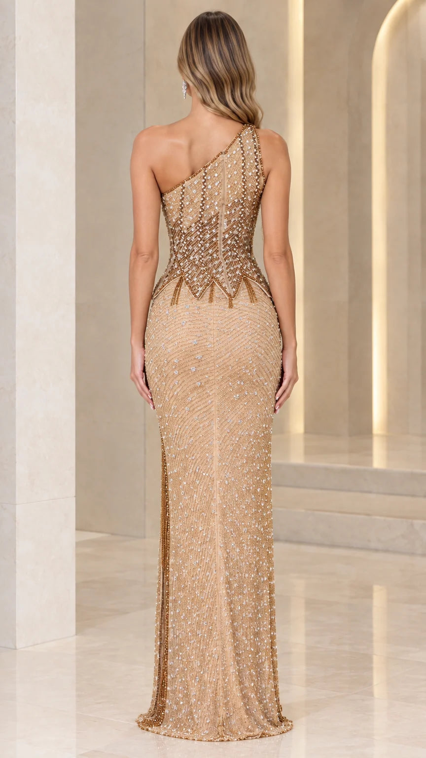Back view of Champagne Gold one-shoulder beaded evening gown