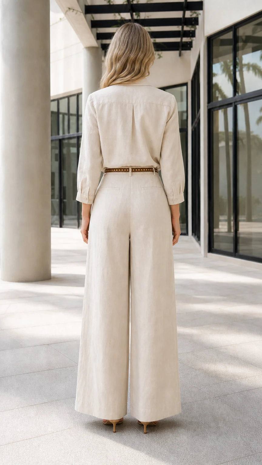 Back view of beige long-sleeve jumpsuit