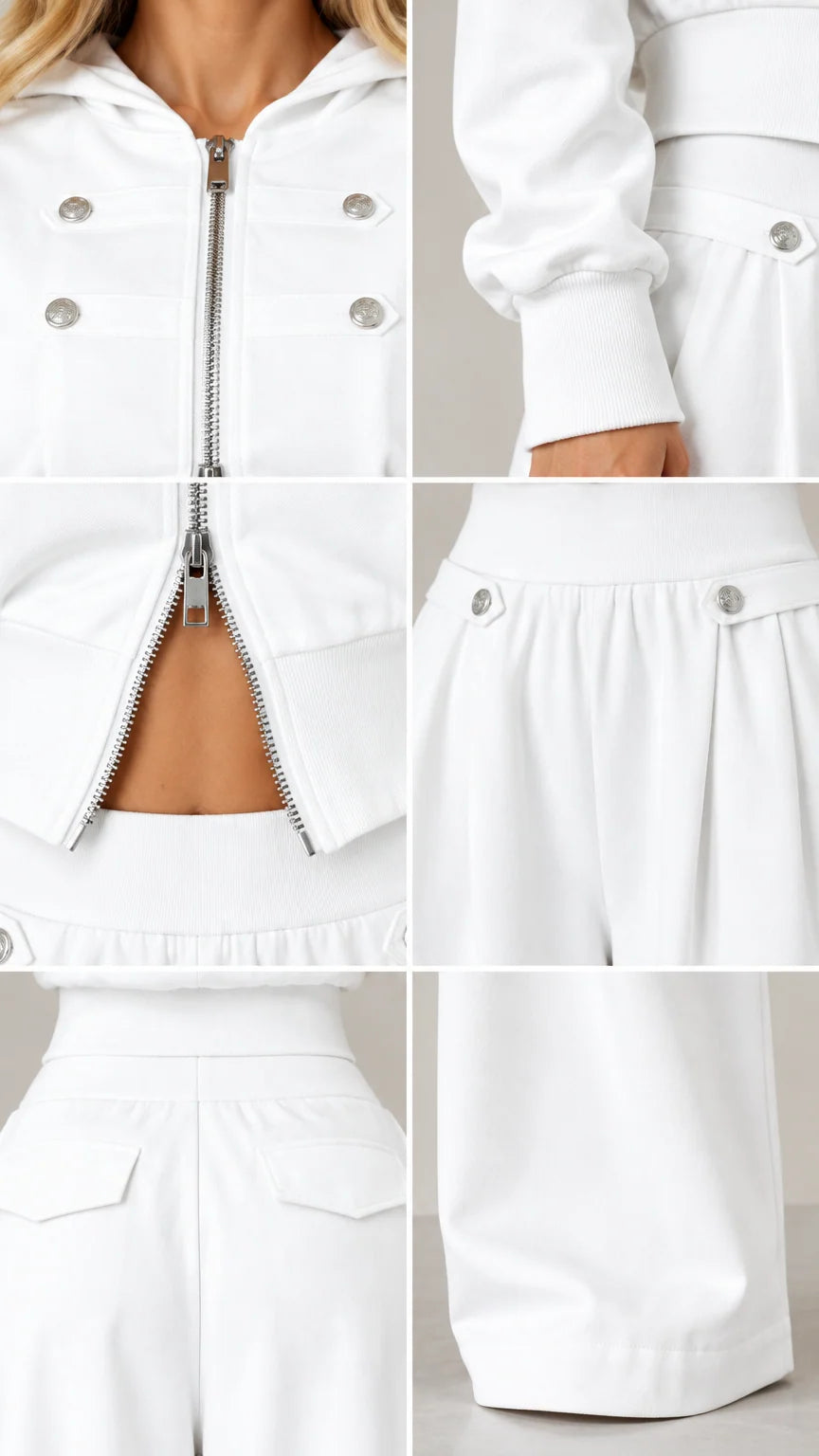 Close-up details of metallic buttons, zipper, and pleated waistband on white set