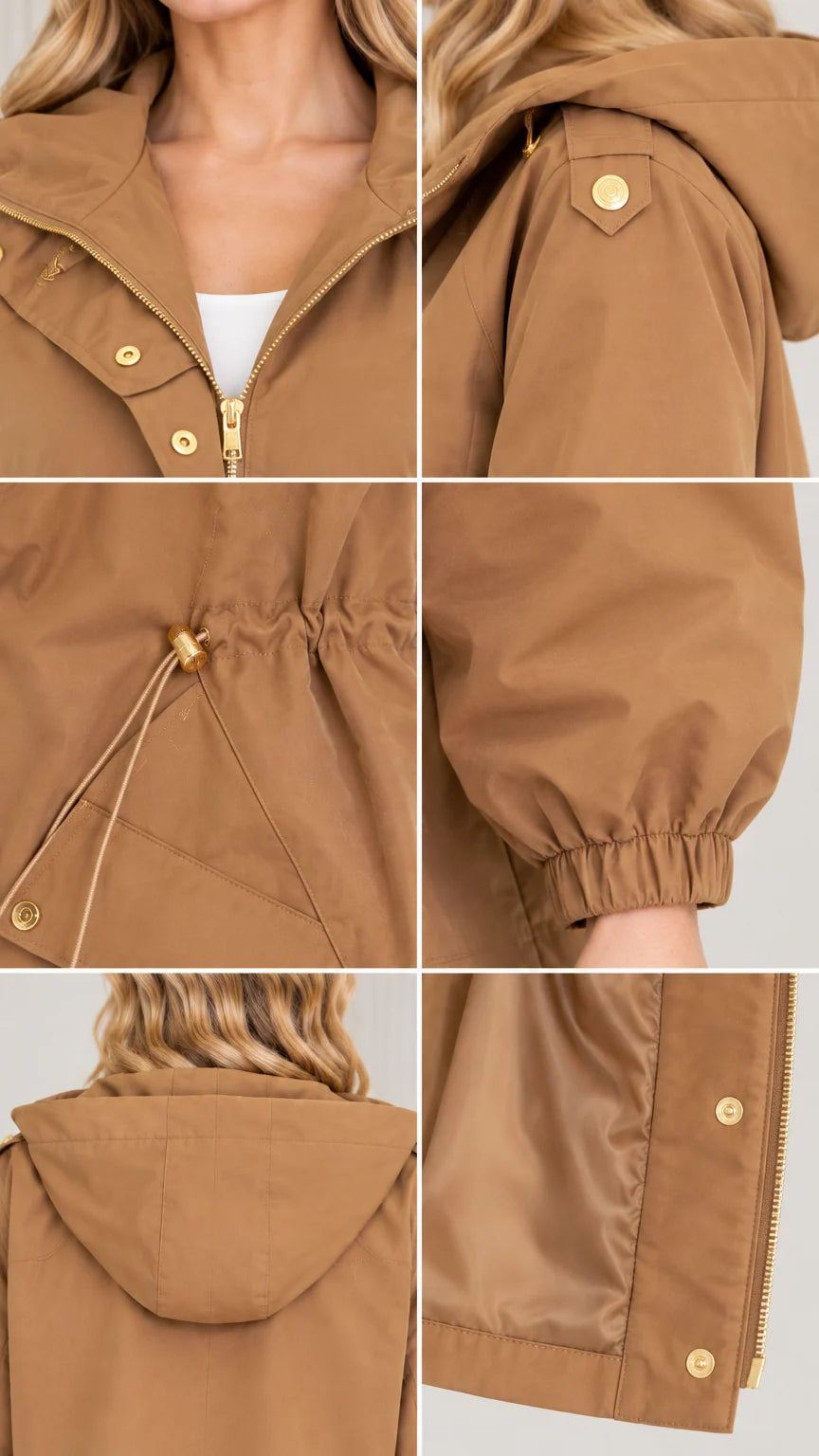 Close-up details of gold snap buttons, zipper, drawstring toggle, and elastic cuff on camel jacket