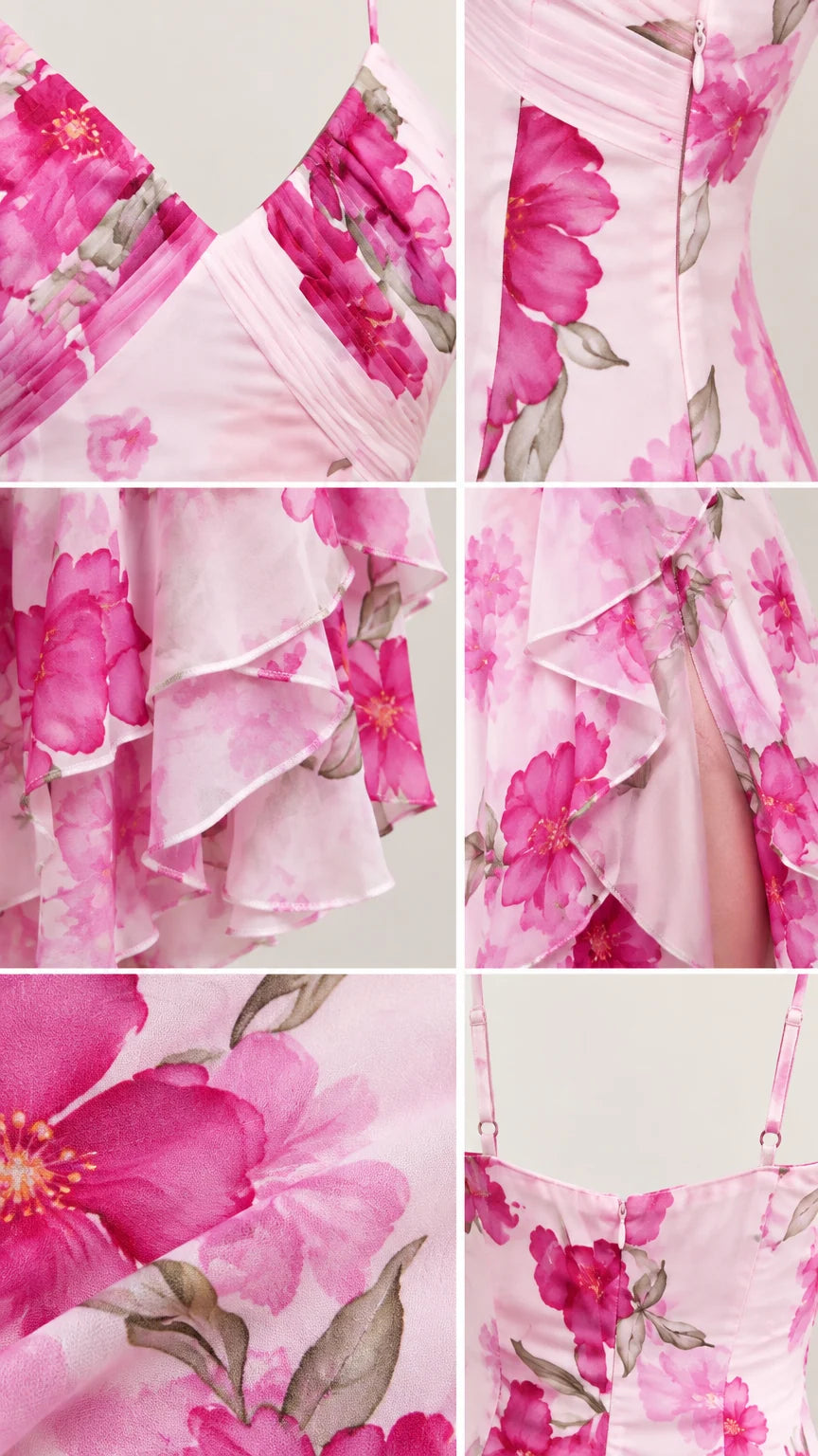 Detail view of neckline pleats, ruffle hems, and floral fabric print