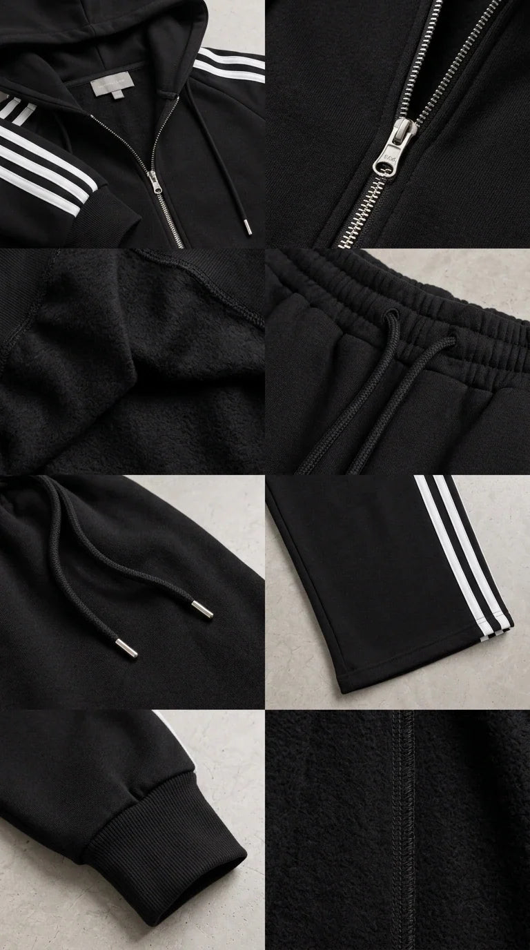 Detailed close-ups of fabric texture, zip hardware, drawstring, and striped cuffs