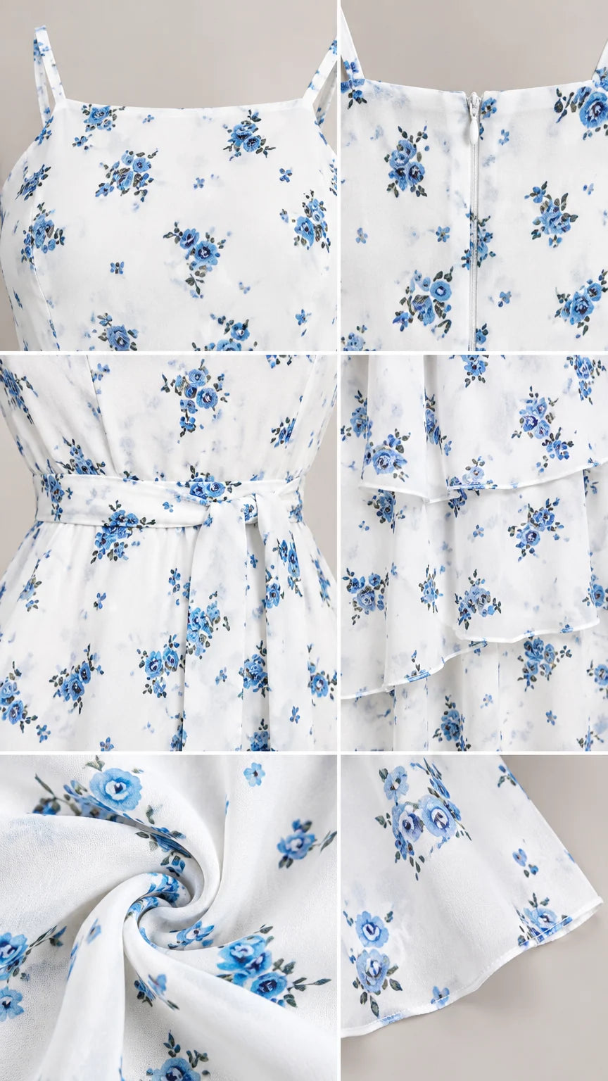 Close-up detail collage showing floral print, neckline, zipper, waist belt, and ruffle hem