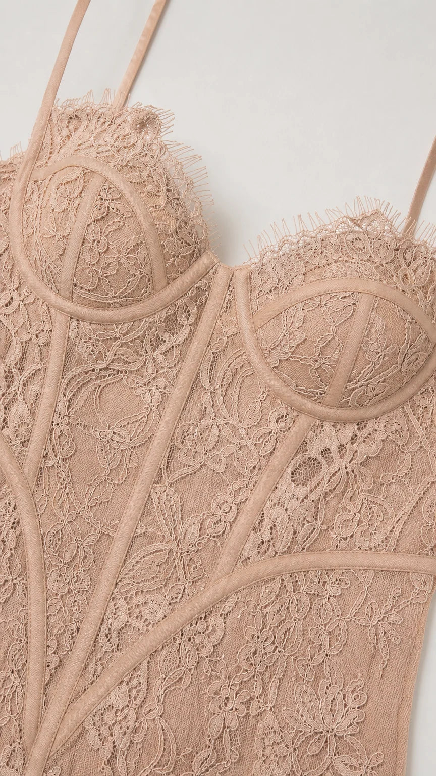 Close-up detail of sweetheart neckline and corset boning