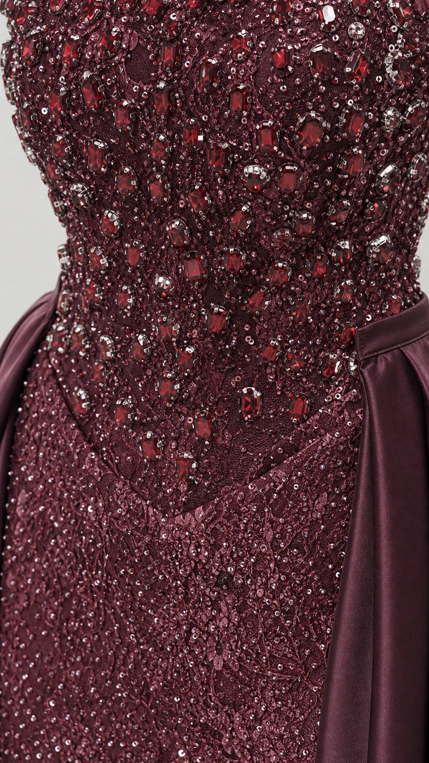 Close-up detail of intricate beadwork and sequin embellishments