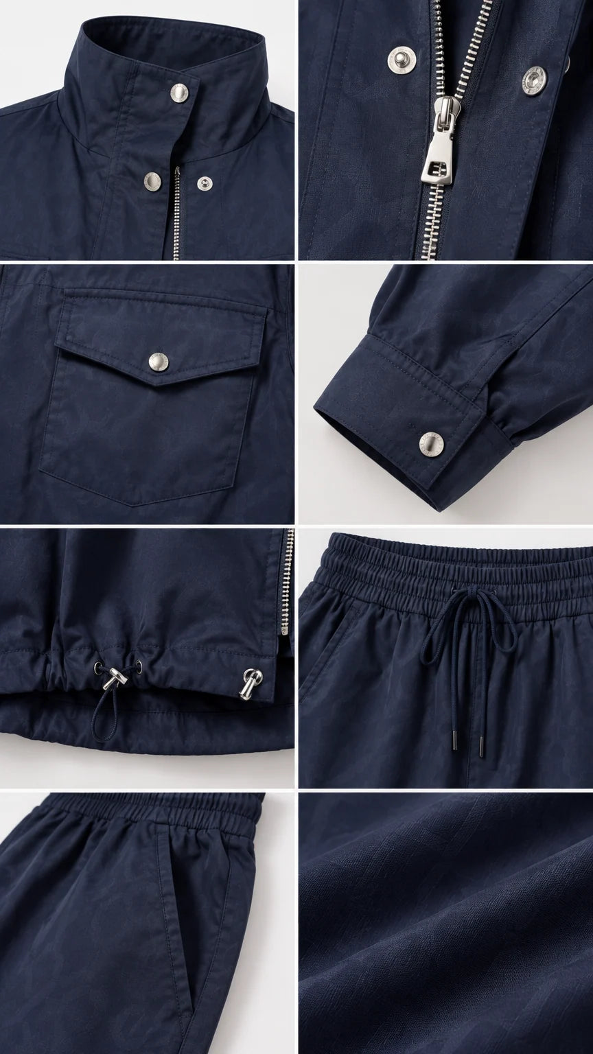 Detailed close-ups of stand collar, zipper, snap buttons, flap pocket, drawstring hem, and woven fabric