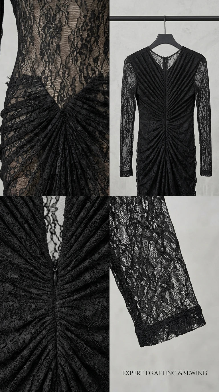 Close-up details of black lace fabric, gathered waist, and cuff tailoring