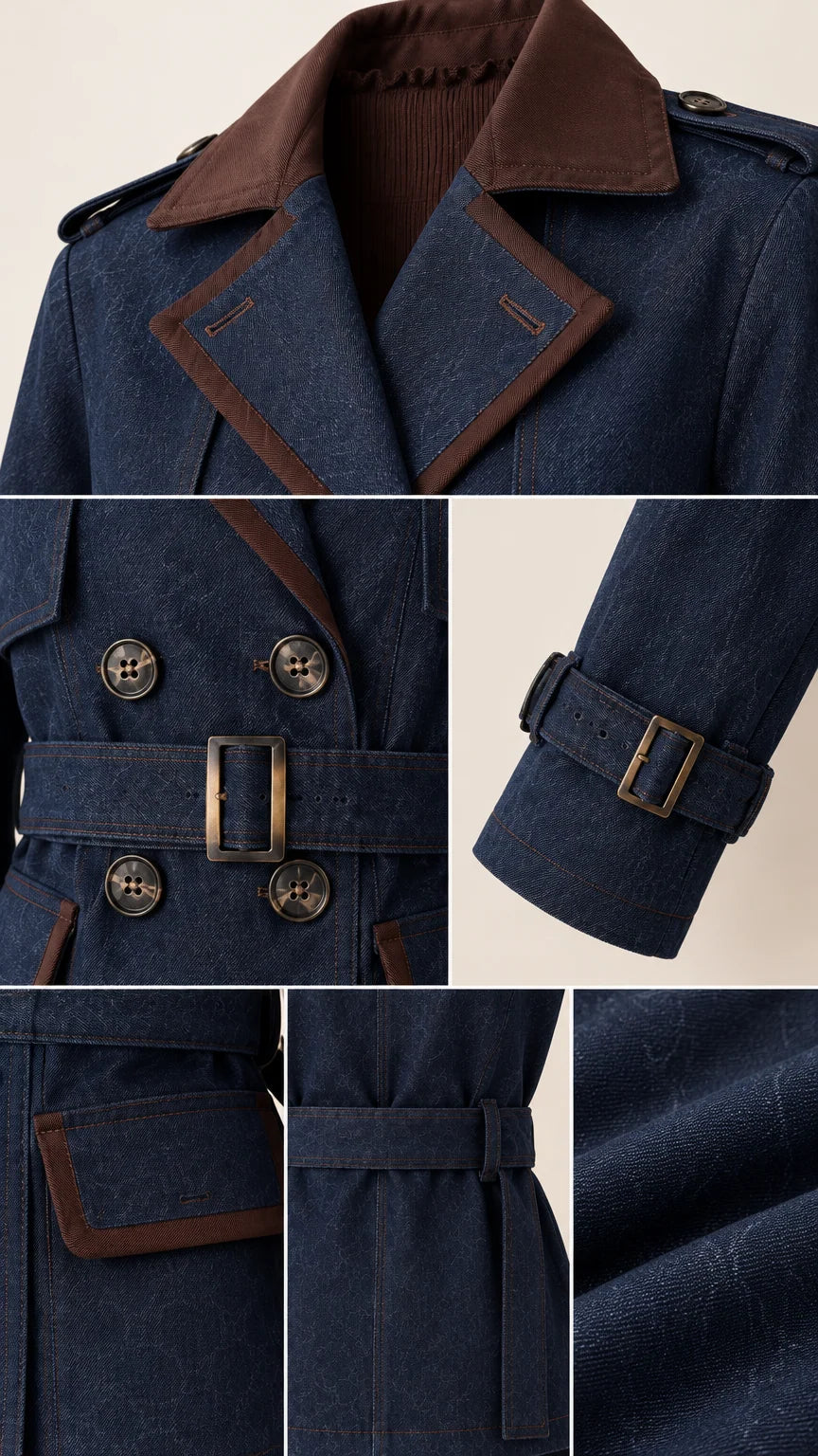 Close-up details of collar, contrast piping, buttons, belt buckle, and cuff straps