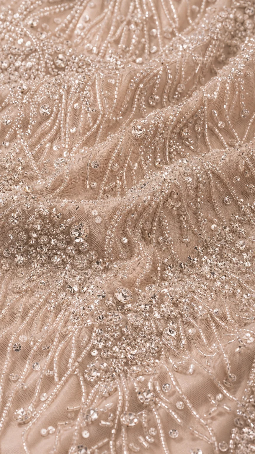 Close-up detail of intricate beadwork, sequins, and embroidered mesh fabric