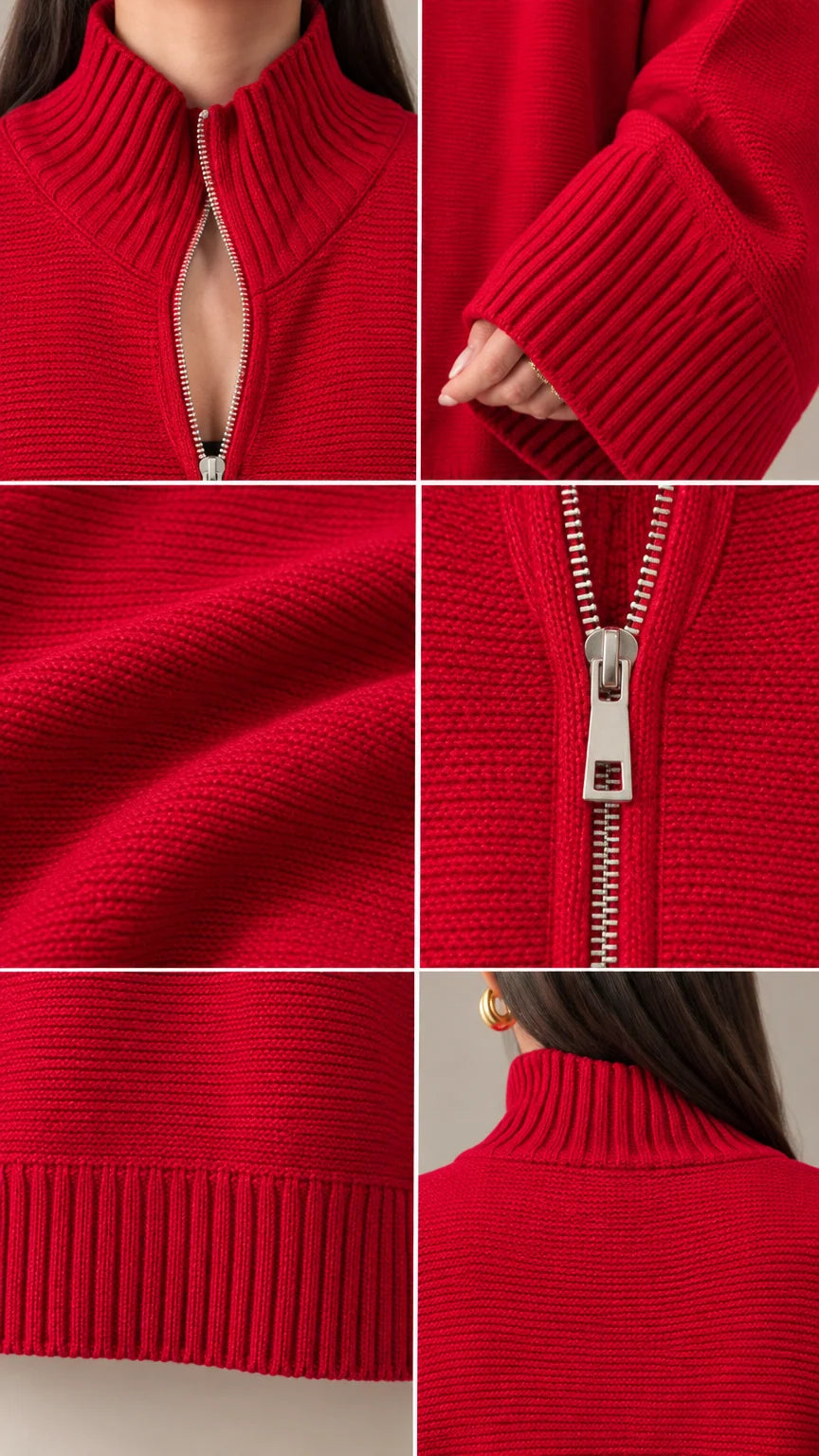 Detail view of red knit fabric, zipper pull, mock collar, and ribbed cuffs