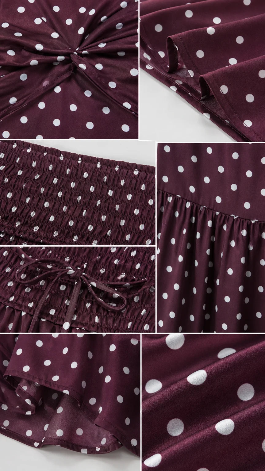 Close-up details of fabric, smocking, and polka dot pattern