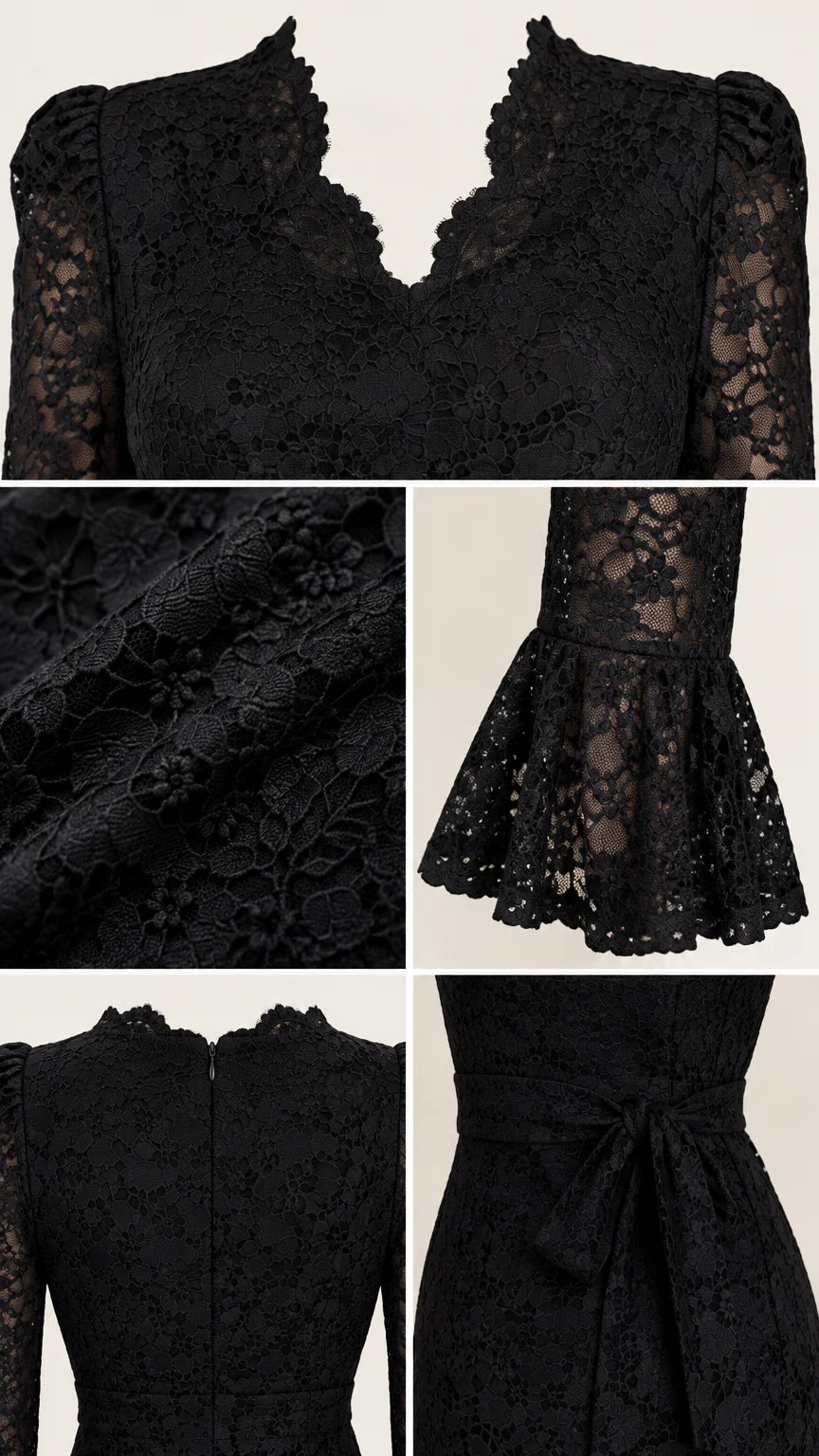 Close-up details of black lace fabric, scalloped neckline, bell cuffs, and back zipper