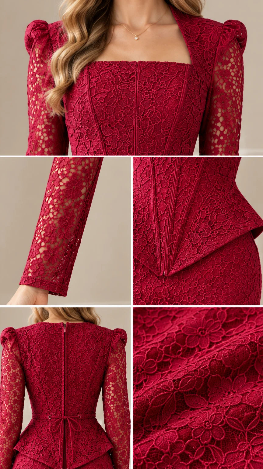 Close-up details of burgundy floral lace texture, square neckline, peplum hem, and back design
