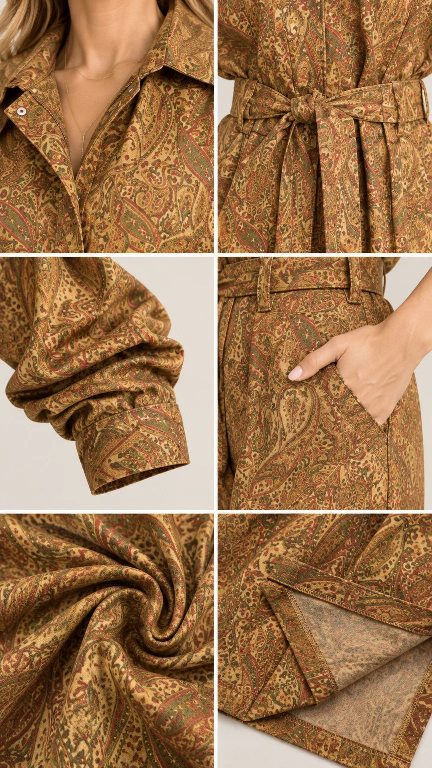 Detailed close-up shots of paisley jumpsuit collar, tie belt, sleeve cuff, pocket, and fabric texture