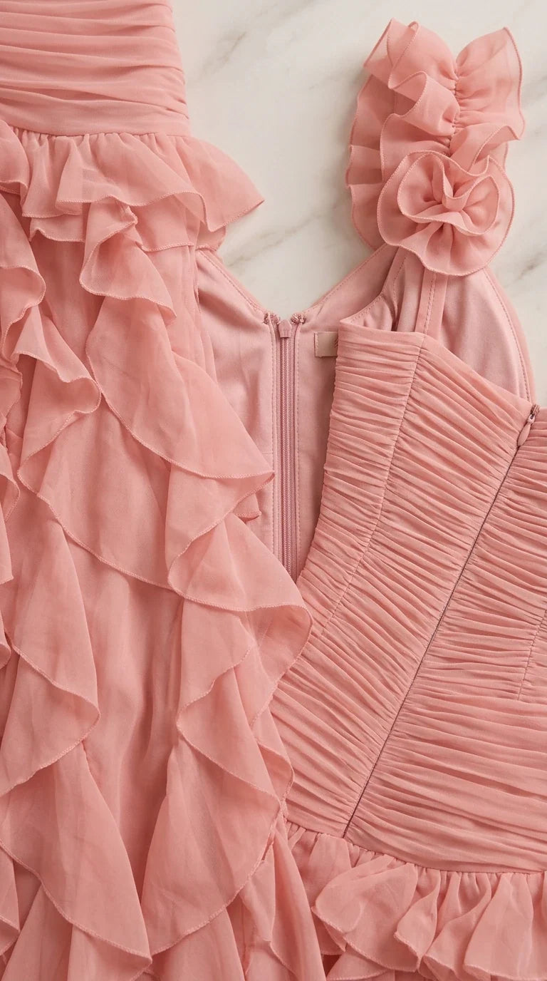 Close-up detail of 3D floral strap and ruched fabric with back zipper
