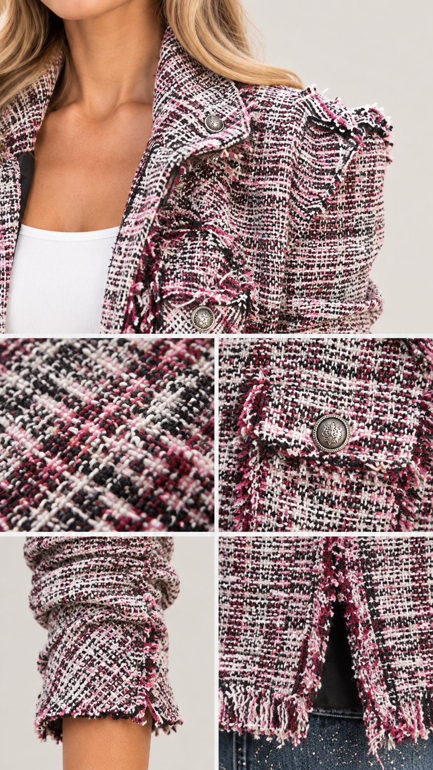 Close-up details of Pink Multi tweed fabric, raw fringe edges, and metallic button