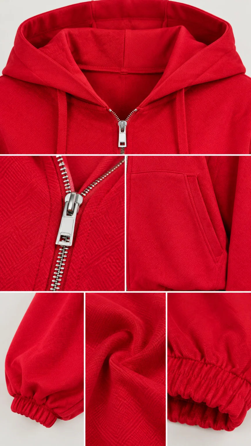 Close-up details of red tracksuit showing hood, metal zipper, pockets, and ribbed cuffs