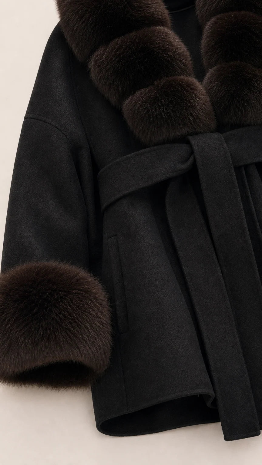Close-up detail of textured black fabric and plush faux fur cuff and collar