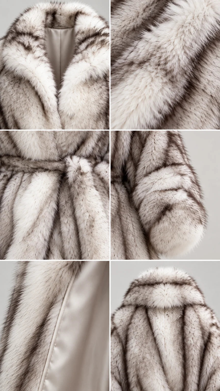 Close-up details of lapel collar, belt, cuffs, inner lining, and back texture of faux fur coat