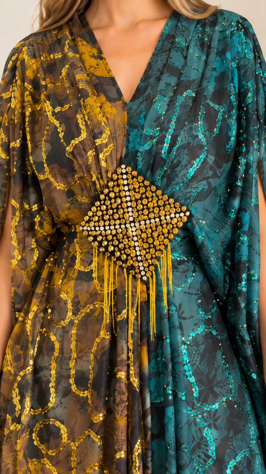 Close-up of diamond rhinestone embellishment with tassel fringe