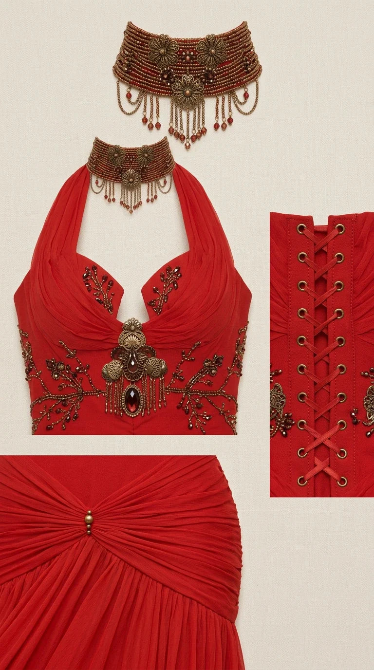 Close-up detail collage showing beaded choker neckline, corset bodice, lace-up back, and draped waist brooch