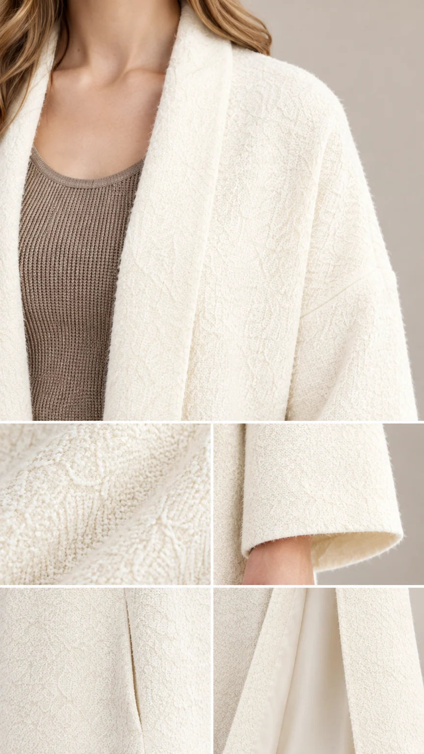 Detailed close-ups of off-white textured knit fabric, cuffs, and seam construction