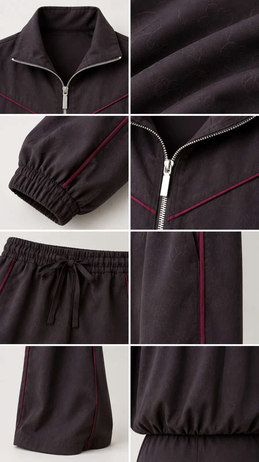 Detailed close-up collage of the collar, zip closure, elastic cuffs, drawstring waist, and piping
