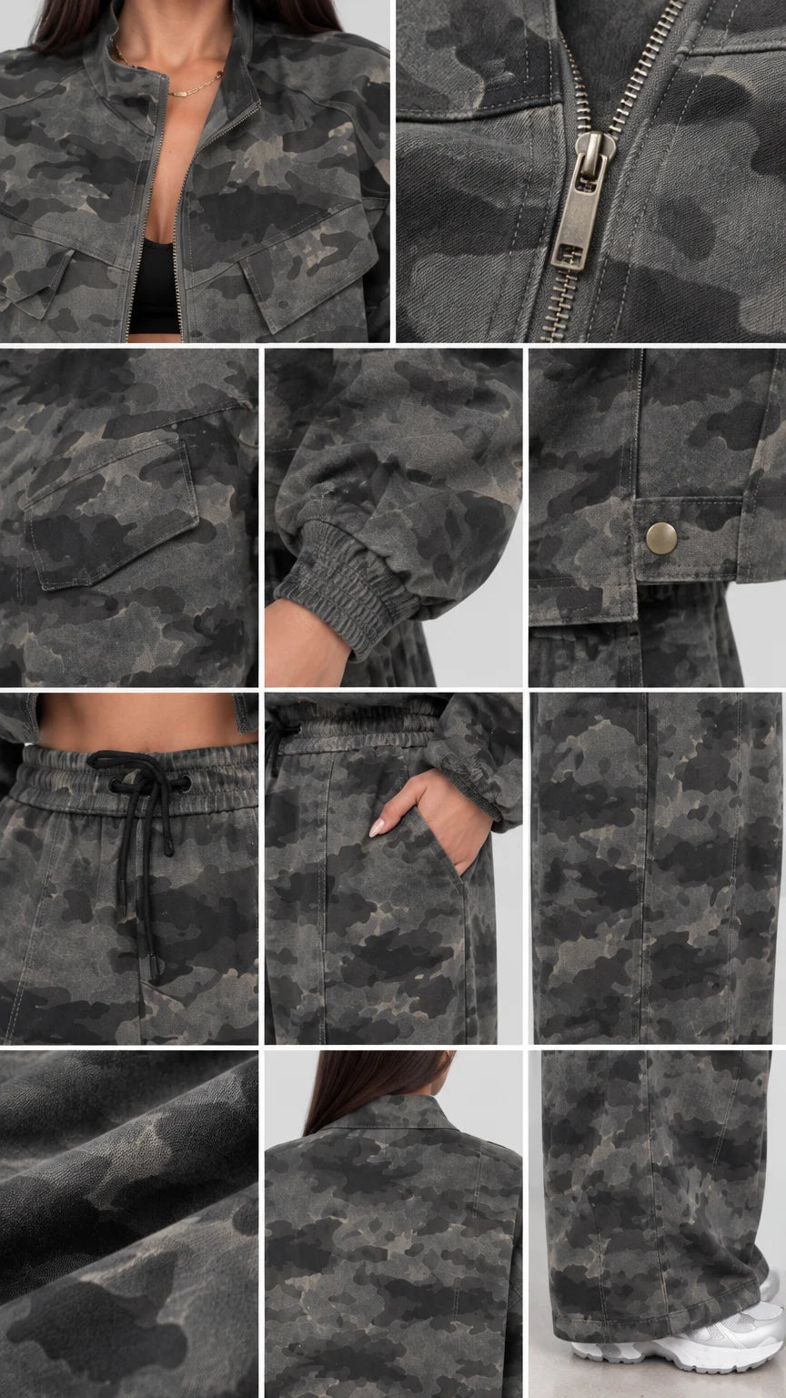 Close-up details of Green Camo jacket zipper, pockets, cuffs, and pant drawstring